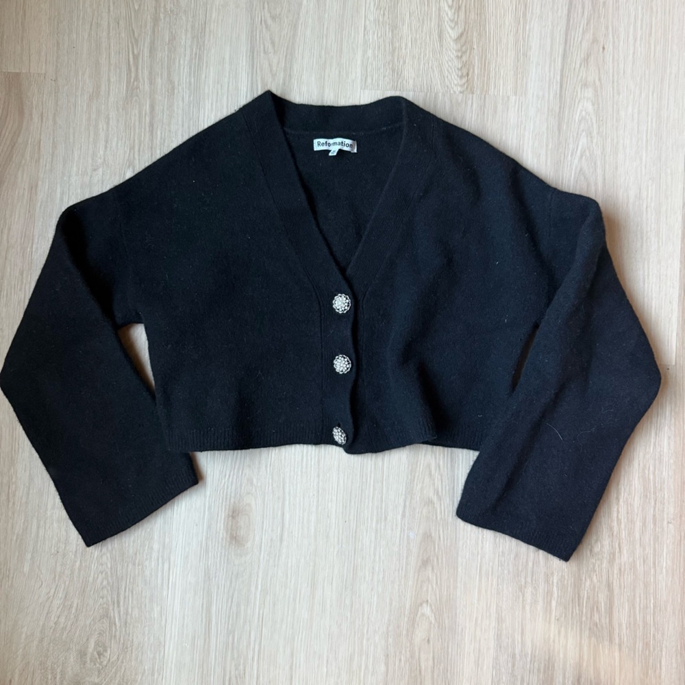 Reformation Val Regenerative Wool Embellished Button Cardigan Sz M Black - Picture 2 of 5